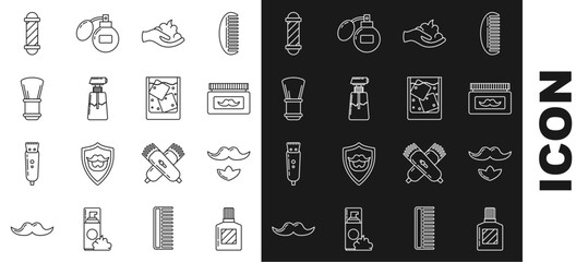 Canvas Print - Set line Aftershave, Mustache and beard, Cream or lotion cosmetic jar, Shaving gel foam hand, tube, brush, Classic Barber shop pole and Glass of whiskey ice cubes icon. Vector