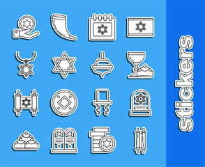 Canvas Print - Set line Torah scroll, Tombstone with star of david, Jewish goblet and hanukkah sufganiyot, calendar, Star David, necklace chain, coin hand and Hanukkah dreidel icon. Vector