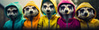 Group of meerkats wearing of colored coats and hoods.