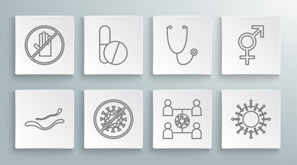 Wall Mural - Set line Ebola virus disease, Medicine pill or tablet, Stop, Virus spread, Stethoscope, Gender and No handshake icon. Vector