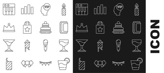 Sticker - Set line Cocktail, Beer can, Vip inside head, Paper shopping bag, Crown, Music synthesizer and Cake icon. Vector