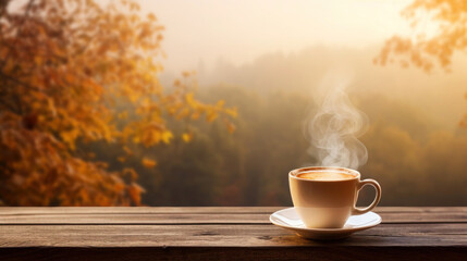 Wall Mural - Wooden table top and cup of latte coffee, blurred autumn landscape as background