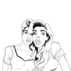 Wall Mural - Two surprised and shocked young women with wide open eyes and mouthes, vector illustration in pop art comic style, black and white