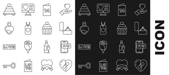 Canvas Print - Set line Healed broken heart, Mobile with, Diamond engagement ring, Greeting card, Heart tag, Bottle love potion, Wedding cake and icon. Vector