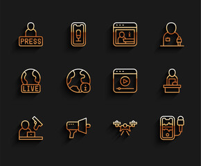 Set line Crime news, Megaphone, Journalist, Drone, Mobile recording, World, Breaking and Live stream icon. Vector