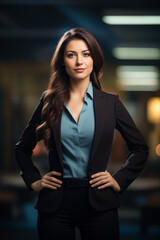 Wall Mural - Woman in suit posing for picture with her hands on her hips.