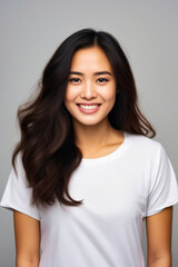 Wall Mural - Woman with long hair smiling at the camera with white shirt on.