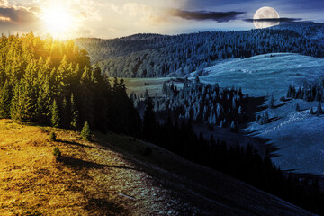 Wall Mural - mountain rural landscape with sun and moon at twilight. meadow on the hillside with coniferous fores