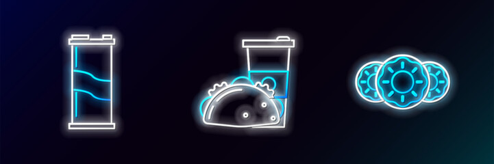 Sticker - Set line Donut with sweet glaze, Soda can and Paper glass and taco tortilla icon. Glowing neon. Vector