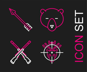 Sticker - Set line Hunt on deer with crosshairs, Two crossed shotguns, Bear head and Hipster arrow icon. Vector