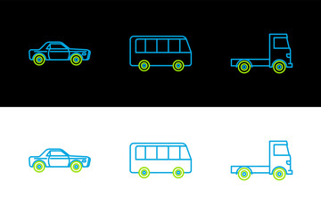 Poster - Set line Delivery cargo truck vehicle, Sedan and Bus icon. Vector