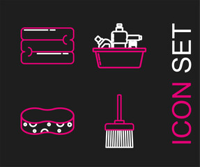 Sticker - Set line Handle broom, Sponge, Plastic bottles for liquid dishwashing liquid and Towel stack icon. Vector