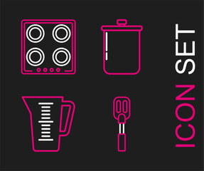 Canvas Print - Set line Spatula, Measuring cup, Cooking pot and Gas stove icon. Vector