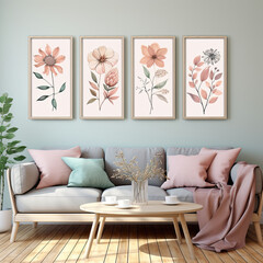 Modern living room , Design for wall framed prints Botanical Print Set of 3, frames ar 2:3, Floral Printable Art .