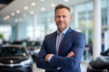 Wall Mural - Portrait of confident mature businessman standing with arms crossed in car showroom