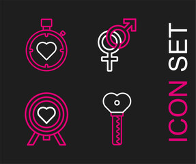 Wall Mural - Set line Key in heart shape, Heart the center of darts target aim, Gender and stopwatch icon. Vector