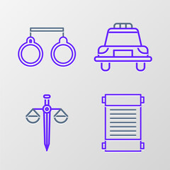 Sticker - Set line Decree, paper, parchment, scroll, Scales of justice, Police car and flasher and Handcuffs icon. Vector