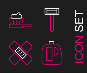 Poster - Set line Bottles for cleaning agent, Crossed bandage plaster, Shaving razor and Toothbrush with toothpaste icon. Vector