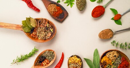 Wall Mural - Vegetables, spoon and spices on table top for cooking meal, turmeric seasoning or paprika flavor. Food, kitchen condiments or plant herbs for brunch, healthy diet or lunch for nutrition in restaurant