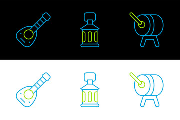 Sticker - Set line Ramadan drum, Lute and Kareem lantern icon. Vector