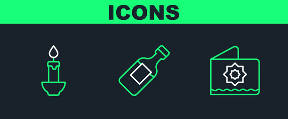 Sticker - Set line Octagonal star, Burning candle and Bottle of water icon. Vector