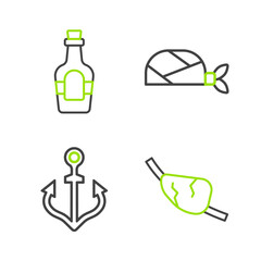 Sticker - Set line Pirate eye patch, Anchor, bandana for head and Alcohol drink Rum icon. Vector