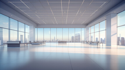  An office's empty open work area, designed for corporate gatherings and meetings.