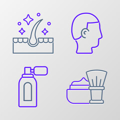 Sticker - Set line Shaving brush with foam, Aftershave atomizer, Hairstyle for men and Oil hair care treatment icon. Vector