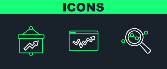 Sticker - Set line Search data analysis, Board with graph and Graph chart infographic icon. Vector