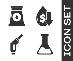 Poster - Set Test tube and flask, Oil and gas industrial factory building, Gasoline pump nozzle and Drop in crude oil price icon. Vector