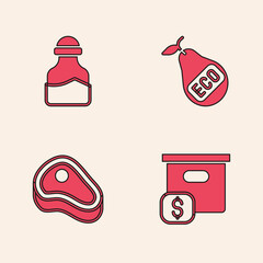 Sticker - Set Carton cardboard box with price, Spice in can, Healthy organic pear and Steak meat icon. Vector