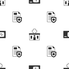 Poster - Set Monitor with cardiogram, Hospital building and Patient record on seamless pattern. Vector