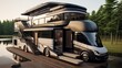 A modern luxury motorhome with a rooftop garden and sleek lines.