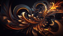 Abstract Floral Curve Line Golden On Dark Background
