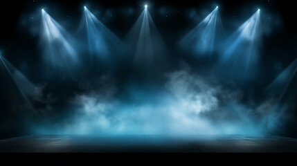 Wall Mural - Illuminated stage with scenic lights smoke. Blue concert lighting a dark background. generative ai