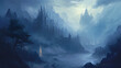 illustration painting castle fantasy forest adventure fog. generative ai