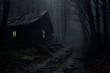 empty cabin with iluminated window in the misty woods, lonely feeling dark and creepy forest.