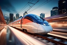 Fast Train In Business Center With Motion Blur Background