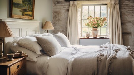  Cottage bedroom decor, interior design, holiday rental, bed with elegant bedding linen and antique furniture, English country house and farmhouse style. 3D rendering 