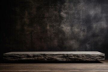 Poster - Empty top of rustic wooden table on wooden floor with dark grunge wall background. For product display. High quality photo
