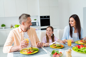 Sticker - Photo of good mood smiling wife husband little girl spending morning time together indoors apartment kitchen