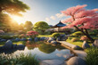 Idylischer Japanischer Garten mit Teich und wegen die zu einem Pavillion führen. Sonnenschein .  KI Generated