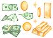 Watercolor money, gold coins, green bills, dollar, gold bar for invitations, cards