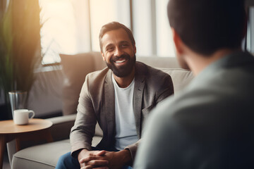 Casual businessmen talking in a meeting in a hall