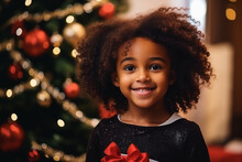 A Little African Girl With A Christmas Tree In The Background