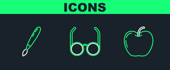 Canvas Print - Set line Apple, Paint brush and Glasses icon. Vector