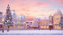 Winter Cute Town With Snow-covered Street And Cozy Houses. Town Landscape Background, Greeting Card. Generative AI