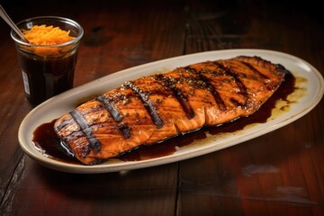 grilled salmon fillet accompanied by a side of apple cider bbq sauce