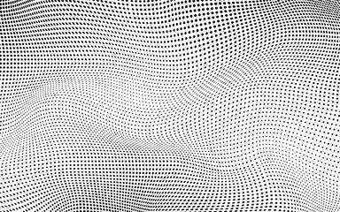 Wall Mural - Optical spotted texture. Monochrome wavy half tone effect. Abstract background with dots. Halftone dot pattern. Black white banner. Futuristic pop art print. Vector illustration.