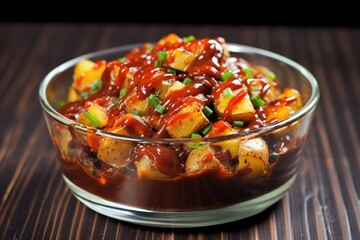 Wall Mural - potato salad drizzled with barbecue sauce in a glass bowl